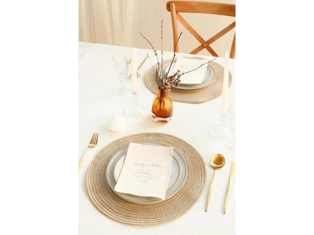 Tanvia 6 Pack 15 Inch Round Braided Placemats, Washable Heat Resistant Cotton Polyester Circle Place Mats for Kitchen Dining Table, Light Khaki
