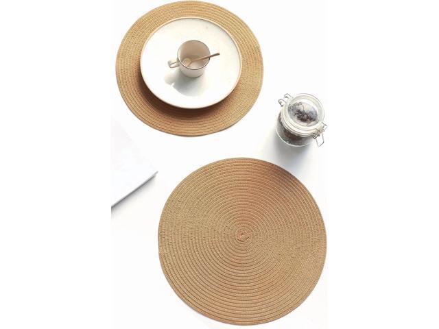 Tanvia 6 Pack 15 Inch Round Braided Placemats, Washable Heat Resistant Cotton Polyester Circle Place Mats for Kitchen Dining Table, Brown