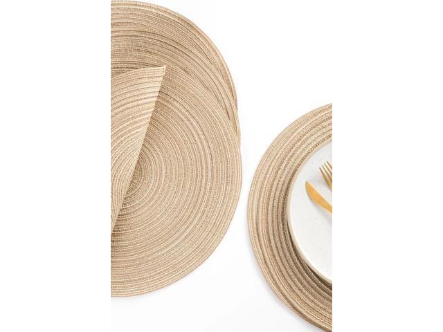 Tanvia 6 Pack 15 Inch Round Braided Placemats, Washable Heat Resistant Cotton Polyester Circle Place Mats for Kitchen Dining Table, Light Khaki