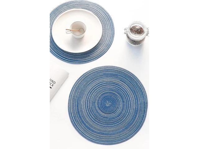 Tanvia 6 Pack 15 Inch Round Braided Placemats, Washable Heat Resistant Cotton Polyester Circle Place Mats for Kitchen Dining Table, Blue