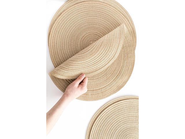 Tanvia 6 Pack 15 Inch Round Braided Placemats, Washable Heat Resistant Cotton Polyester Circle Place Mats for Kitchen Dining Table, Light Khaki