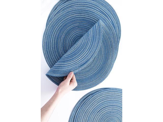 Tanvia 6 Pack 15 Inch Round Braided Placemats, Washable Heat Resistant Cotton Polyester Circle Place Mats for Kitchen Dining Table, Blue