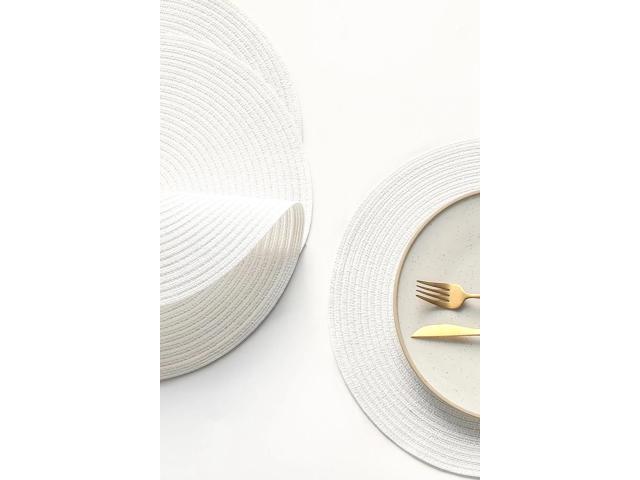 Tanvia 6 Pack 15 Inch Round Braided Placemats, Washable Heat Resistant Cotton Polyester Circle Place Mats for Kitchen Dining Table, White