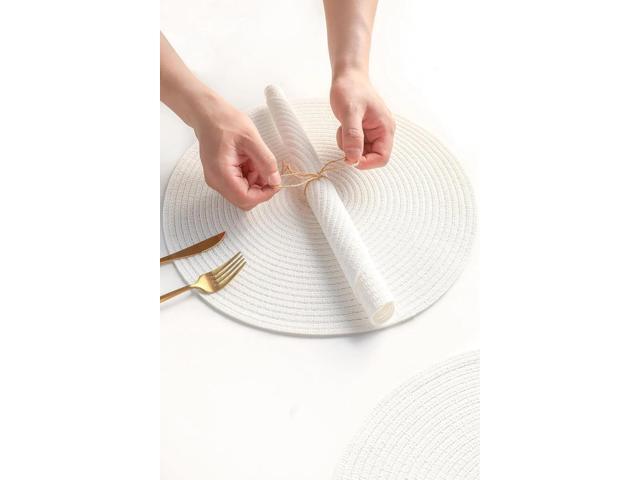 Tanvia 6 Pack 15 Inch Round Braided Placemats, Washable Heat Resistant Cotton Polyester Circle Place Mats for Kitchen Dining Table, White