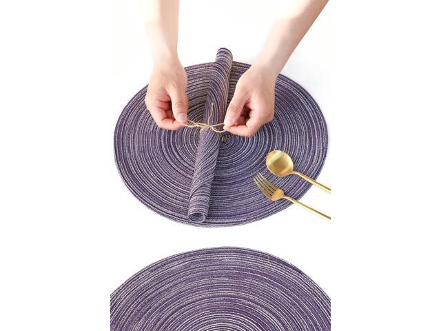 Tanvia 4 Pack 15 Inch Round Braided Placemats, Washable Heat Resistant Cotton Polyester Circle Place Mats for Kitchen Dining Table, Purple