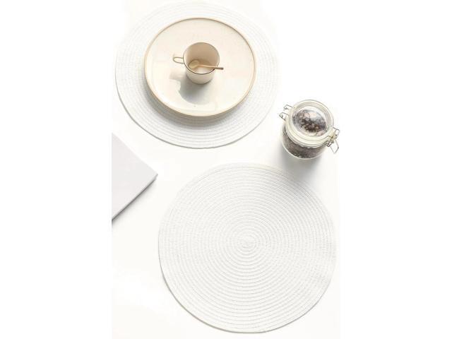 Tanvia 6 Pack 15 Inch Round Braided Placemats, Washable Heat Resistant Cotton Polyester Circle Place Mats for Kitchen Dining Table, White