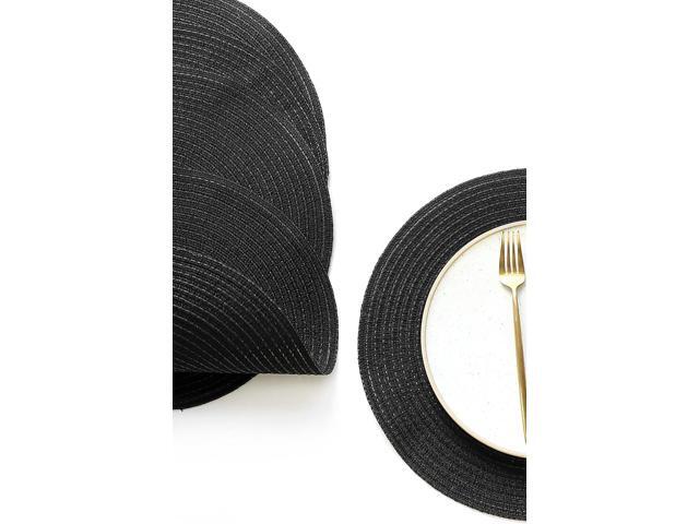 Tanvia 4 Pack 15 Inch Round Braided Placemats, Washable Heat Resistant Cotton Polyester Circle Place Mats for Kitchen Dining Table, Black