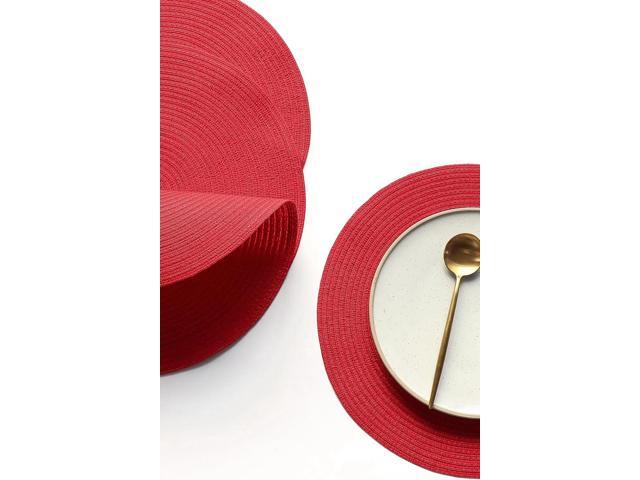 Tanvia 4 Pack 15 Inch Round Braided Placemats, Washable Heat Resistant Cotton Polyester Circle Place Mats for Kitchen Dining Table, Red