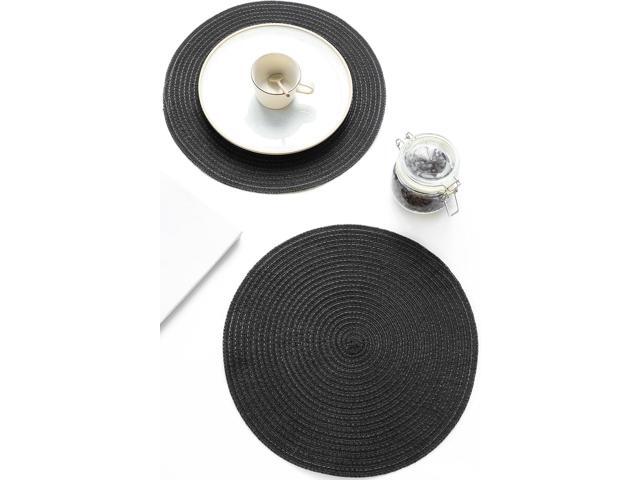 Tanvia 4 Pack 15 Inch Round Braided Placemats, Washable Heat Resistant Cotton Polyester Circle Place Mats for Kitchen Dining Table, Black