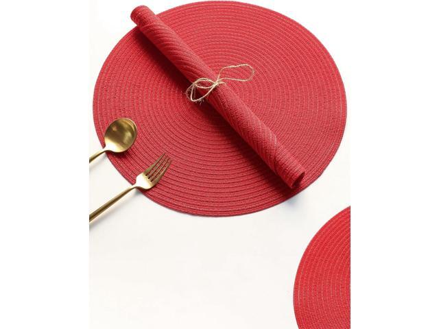 Tanvia 4 Pack 15 Inch Round Braided Placemats, Washable Heat Resistant Cotton Polyester Circle Place Mats for Kitchen Dining Table, Red