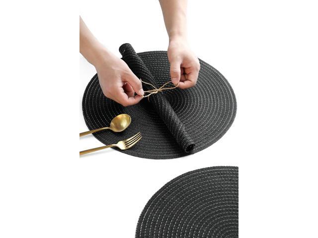 Tanvia 4 Pack 15 Inch Round Braided Placemats, Washable Heat Resistant Cotton Polyester Circle Place Mats for Kitchen Dining Table, Black