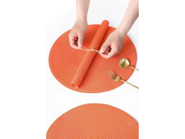Tanvia 4 Pack 15 Inch Round Braided Placemats, Washable Heat Resistant Cotton Polyester Circle Place Mats for Kitchen Dining Table, Orange