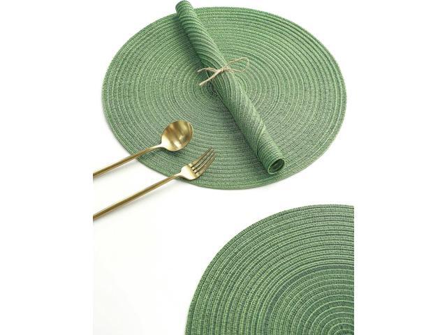 Tanvia 4 Pack 15 Inch Round Braided Placemats, Washable Heat Resistant Cotton Polyester Circle Place Mats for Kitchen Dining Table, Green