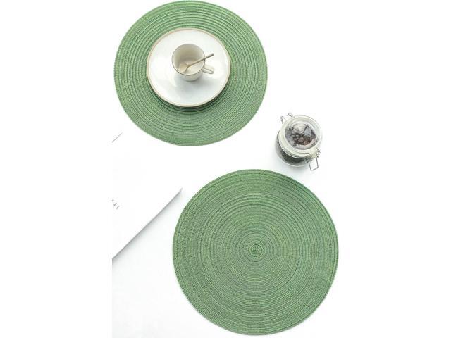 Tanvia 4 Pack 15 Inch Round Braided Placemats, Washable Heat Resistant Cotton Polyester Circle Place Mats for Kitchen Dining Table, Green