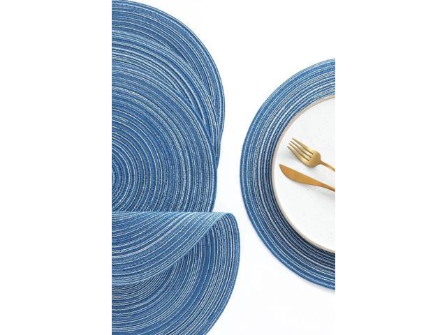Tanvia 6 Pack 15 Inch Round Braided Placemats, Washable Heat Resistant Cotton Polyester Circle Place Mats for Kitchen Dining Table, Blue