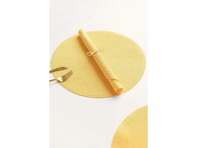 Tanvia 4 Pack 15 Inch Round Braided Placemats, Washable Heat Resistant Cotton Polyester Circle Place Mats for Kitchen Dining Table, Yellow