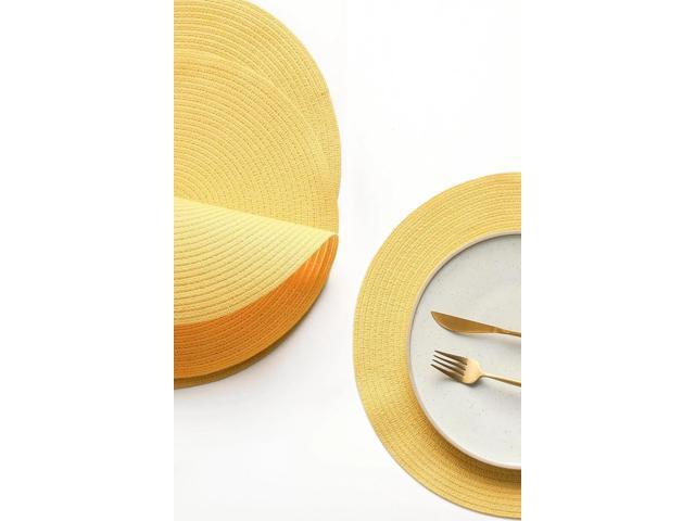 Tanvia 4 Pack 15 Inch Round Braided Placemats, Washable Heat Resistant Cotton Polyester Circle Place Mats for Kitchen Dining Table, Yellow