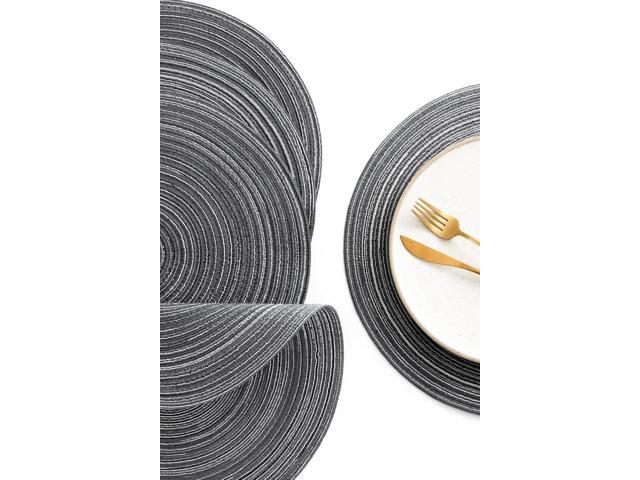 Tanvia 6 Pack 15 Inch Round Braided Placemats, Washable Heat Resistant Cotton Polyester Circle Place Mats for Kitchen Dining Table, Gray