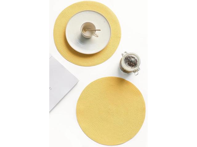 Tanvia 4 Pack 15 Inch Round Braided Placemats, Washable Heat Resistant Cotton Polyester Circle Place Mats for Kitchen Dining Table, Yellow