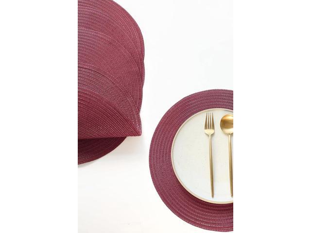 Tanvia 4 Pack 15 Inch Round Braided Placemats, Washable Heat Resistant Cotton Polyester Circle Place Mats for Kitchen Dining Table, Wine Red