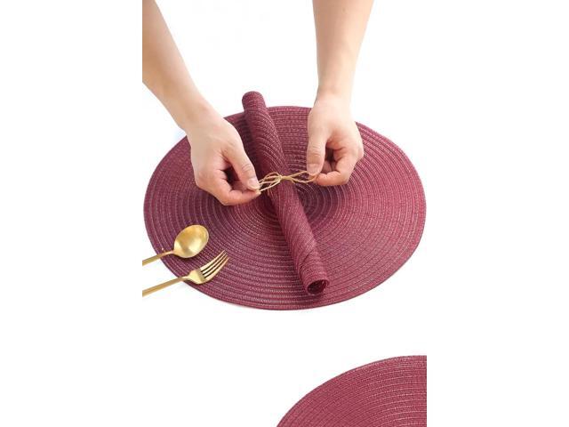 Tanvia 4 Pack 15 Inch Round Braided Placemats, Washable Heat Resistant Cotton Polyester Circle Place Mats for Kitchen Dining Table, Wine Red