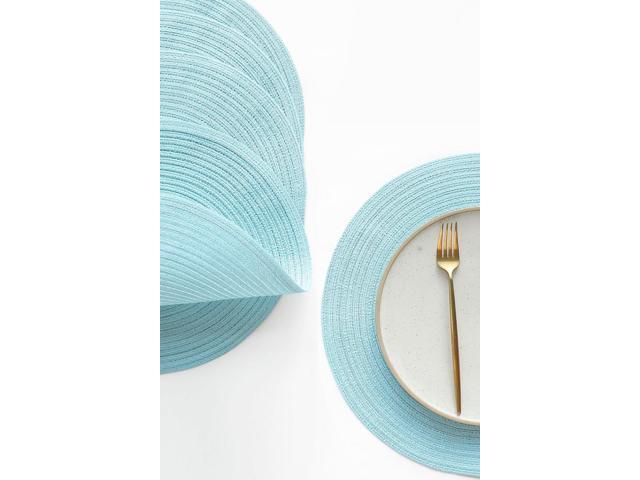 Tanvia 4 Pack 15 Inch Round Braided Placemats, Washable Heat Resistant Cotton Polyester Circle Place Mats for Kitchen Dining Table, Light Blue