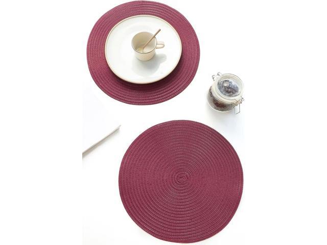 Tanvia 4 Pack 15 Inch Round Braided Placemats, Washable Heat Resistant Cotton Polyester Circle Place Mats for Kitchen Dining Table, Wine Red