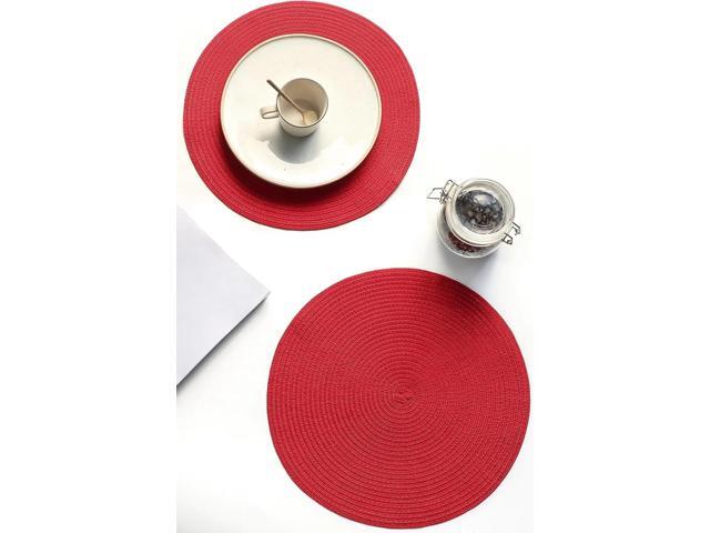Tanvia 6 Pack 15 Inch Round Braided Placemats, Washable Heat Resistant Cotton Polyester Circle Place Mats for Kitchen Dining Table, Red