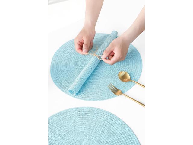 Tanvia 4 Pack 15 Inch Round Braided Placemats, Washable Heat Resistant Cotton Polyester Circle Place Mats for Kitchen Dining Table, Light Blue