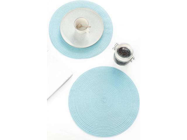 Tanvia 4 Pack 15 Inch Round Braided Placemats, Washable Heat Resistant Cotton Polyester Circle Place Mats for Kitchen Dining Table, Light Blue