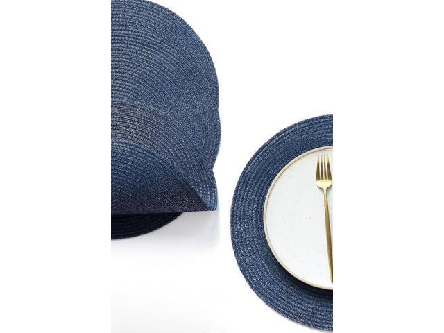 Tanvia 4 Pack 15 Inch Round Braided Placemats, Washable Heat Resistant Cotton Polyester Circle Place Mats for Kitchen Dining Table, Navy Blue