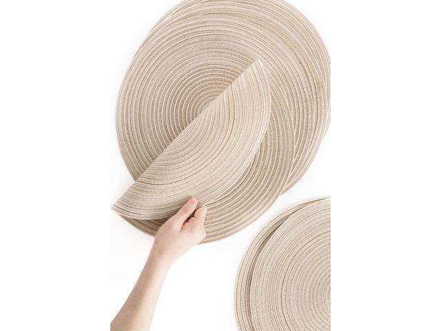 Tanvia 6 Pack 15 Inch Round Braided Placemats, Washable Heat Resistant Cotton Polyester Circle Place Mats for Kitchen Dining Table, Beige