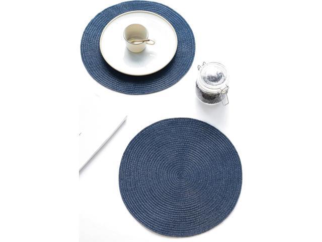 Tanvia 4 Pack 15 Inch Round Braided Placemats, Washable Heat Resistant Cotton Polyester Circle Place Mats for Kitchen Dining Table, Navy Blue