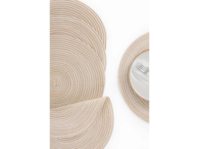 Tanvia 4 Pack 15 Inch Round Braided Placemats, Washable Heat Resistant Cotton Polyester Circle Place Mats for Kitchen Dining Table, Beige