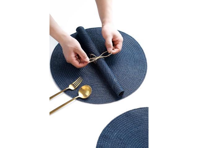 Tanvia 4 Pack 15 Inch Round Braided Placemats, Washable Heat Resistant Cotton Polyester Circle Place Mats for Kitchen Dining Table, Navy Blue