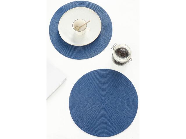 Tanvia 4 Pack 15 Inch Round Braided Placemats, Washable Heat Resistant Cotton Polyester Circle Place Mats for Kitchen Dining Table, Sail Blue