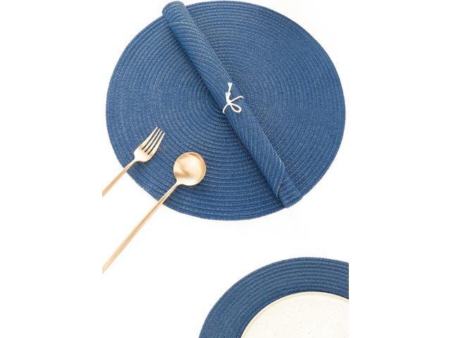 Tanvia 4 Pack 15 Inch Round Braided Placemats, Washable Heat Resistant Cotton Polyester Circle Place Mats for Kitchen Dining Table, Sail Blue