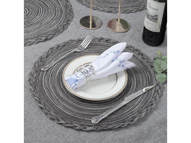 Tanvia 6 Pack Round Braided Placemats with Woven Lace Edge, 15 Inch Farmhouse Style Placemat for Table Decor, Heat Resistant Durable Table Mats, Gray