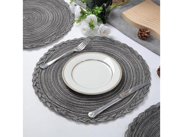Tanvia 4 Pack Round Braided Placemats with Woven Lace Edge, 15 Inch Farmhouse Style Placemat for Table Decor, Heat Resistant Durable Table Mats, Gray