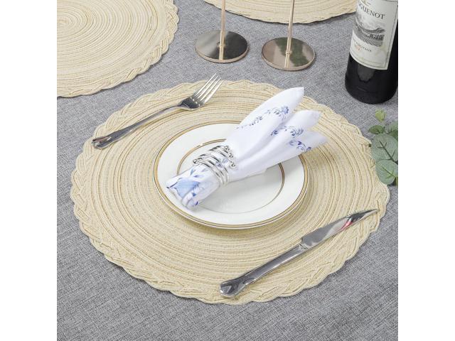 Tanvia 8 Pack Round Braided Placemats with Woven Lace Edge, 15 Inch Farmhouse Style Placemat for Table Decor, Heat Resistant Durable Table Mats, Beige