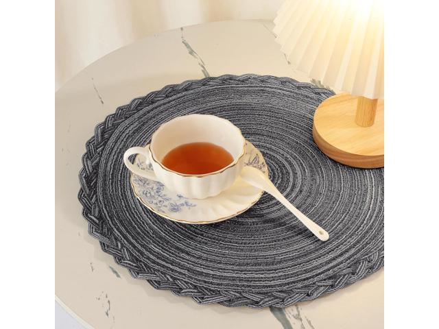 Tanvia 4 Pack Round Braided Placemats with Woven Lace Edge, 15 Inch Farmhouse Style Placemat for Table Decor, Heat Resistant Durable Table Mats, Gray