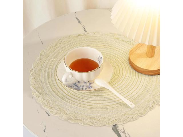 Tanvia 8 Pack Round Braided Placemats with Woven Lace Edge, 15 Inch Farmhouse Style Placemat for Table Decor, Heat Resistant Durable Table Mats, Beige
