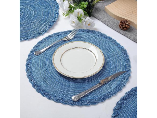 Tanvia 4 Pack Round Braided Placemats with Woven Lace Edge, 15 Inch Farmhouse Style Placemat for Table Decor, Heat Resistant Durable Table Mats, Blue