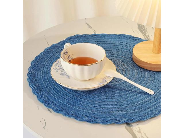 Tanvia 4 Pack Round Braided Placemats with Woven Lace Edge, 15 Inch Farmhouse Style Placemat for Table Decor, Heat Resistant Durable Table Mats, Blue