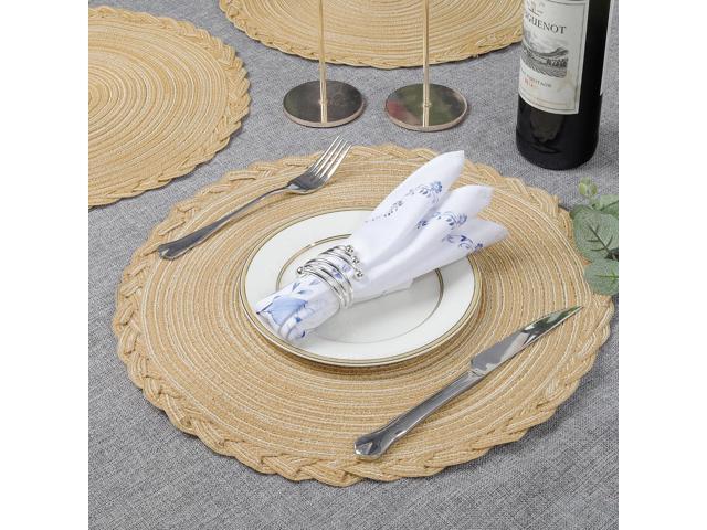 Tanvia 8 Pack Round Braided Placemats with Woven Lace Edge, 15 Inch Farmhouse Style Placemat for Table Decor, Heat Resistant Durable Table Mats, Khaki