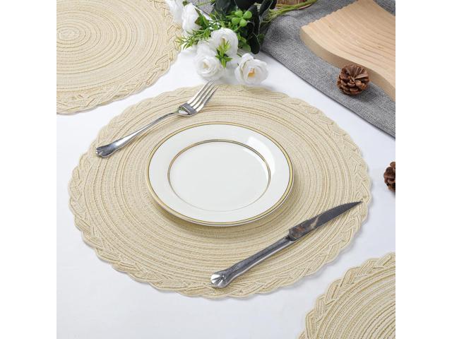 Tanvia 4 Pack Round Braided Placemats with Woven Lace Edge, 15 Inch Farmhouse Style Placemat for Table Decor, Heat Resistant Durable Table Mats, Beige