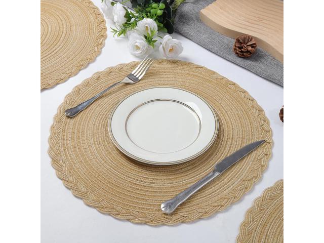 Tanvia 8 Pack Round Braided Placemats with Woven Lace Edge, 15 Inch Farmhouse Style Placemat for Table Decor, Heat Resistant Durable Table Mats, Khaki