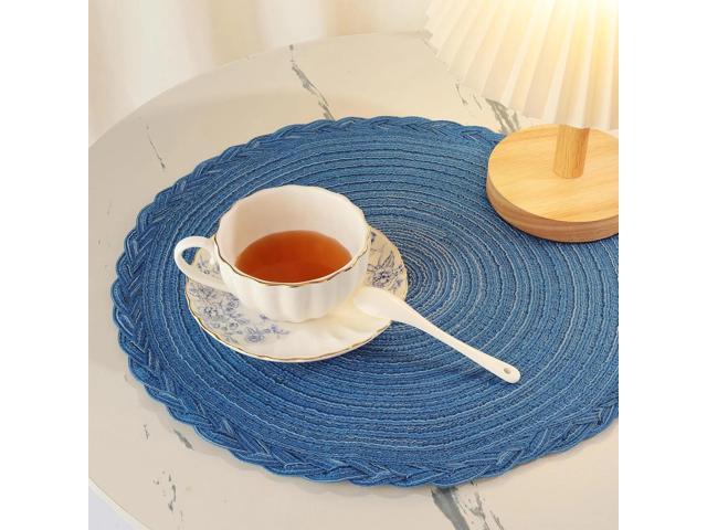 Tanvia 8 Pack Round Braided Placemats with Woven Lace Edge, 15 Inch Farmhouse Style Placemat for Table Decor, Heat Resistant Durable Table Mats, Blue