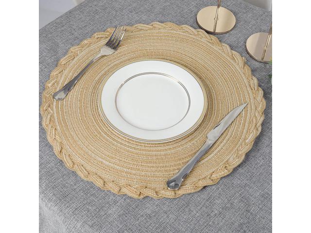 Tanvia 8 Pack Round Braided Placemats with Woven Lace Edge, 15 Inch Farmhouse Style Placemat for Table Decor, Heat Resistant Durable Table Mats, Khaki