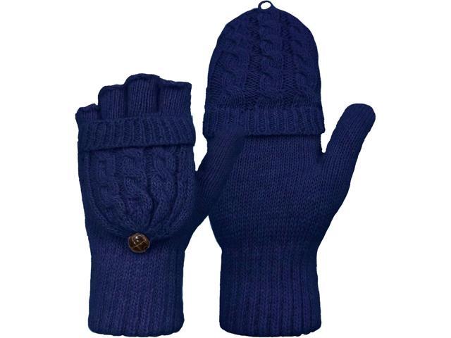 Tanvia Winter Fingerless Gloves Mittens for Women Men Warm Wool Knitted Convertible Flip Top Mittens for Cold Weather, Navy Blue